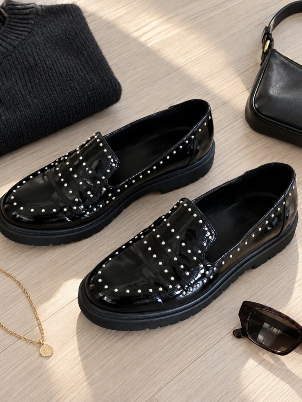 ✨Jane and the Shoe Black Patent Studded Elena Loafers - Size 7.5✨